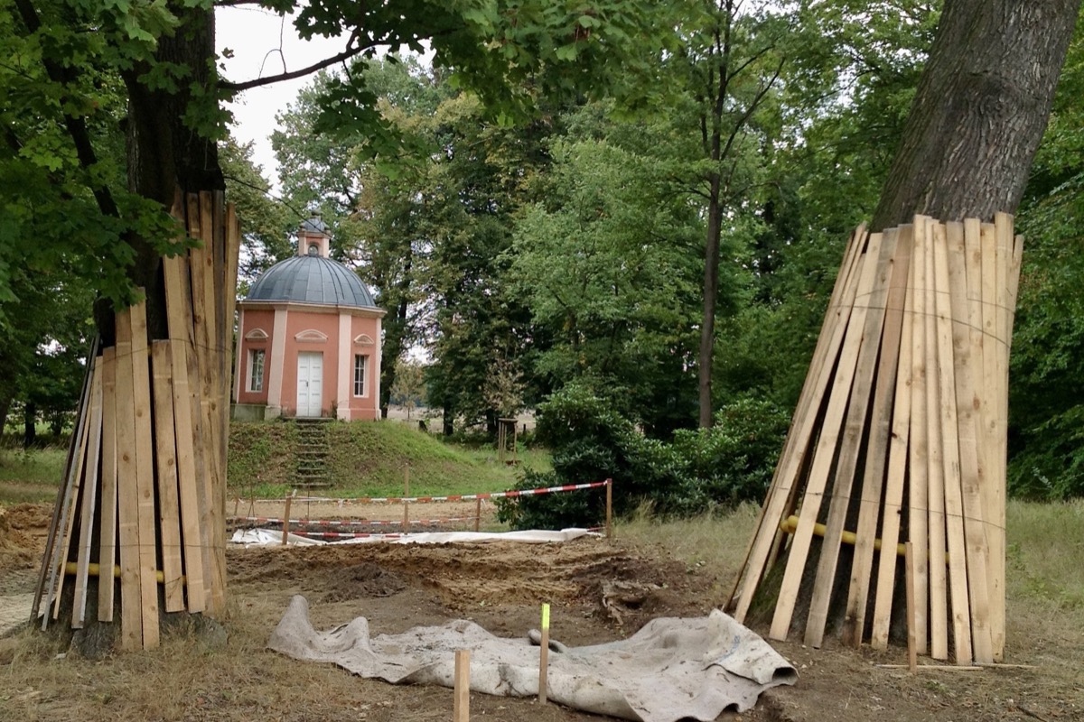 Stammschutz aus Bohlen an Altb&auml;umen im Baustellenbereich